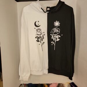 RomWe Long Sleeve Hoodie Sweater Half Black Half White - Size Large